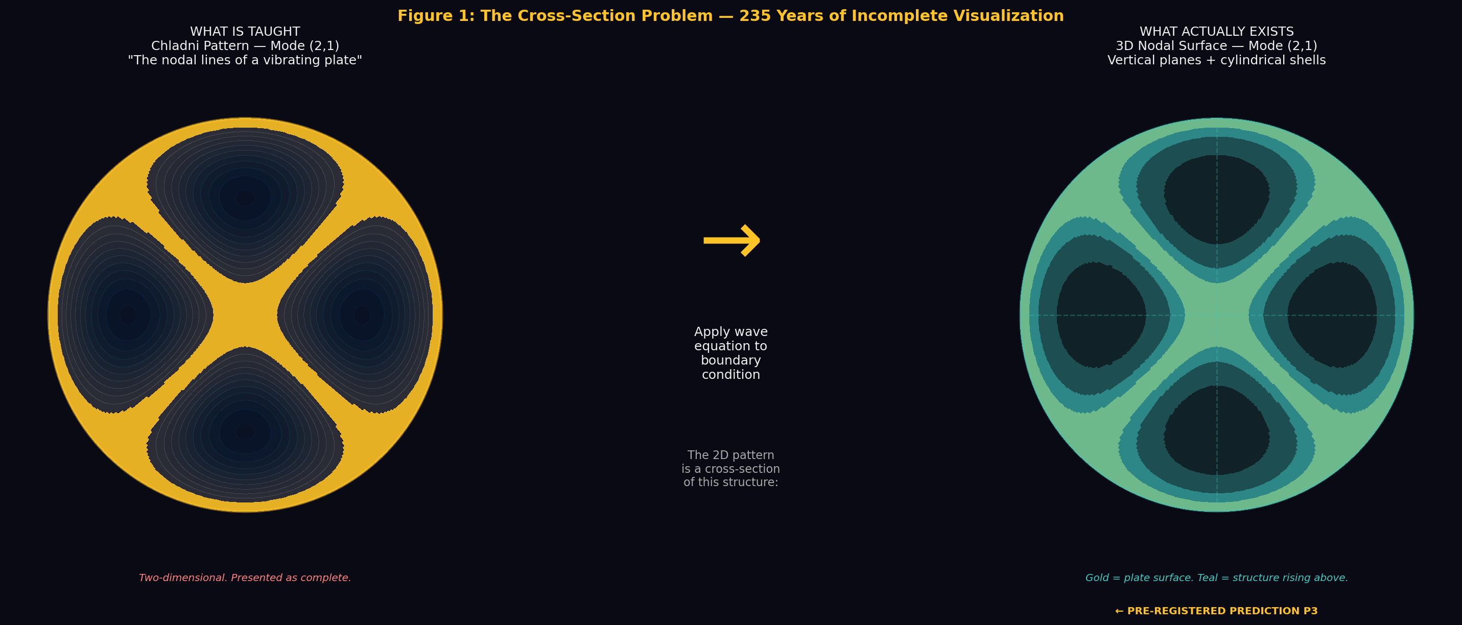Figure 1: The Cross-Section Problem. Left: the standard Chladni pattern as taught. Right: the predicted 3D nodal surface rising above the plate.