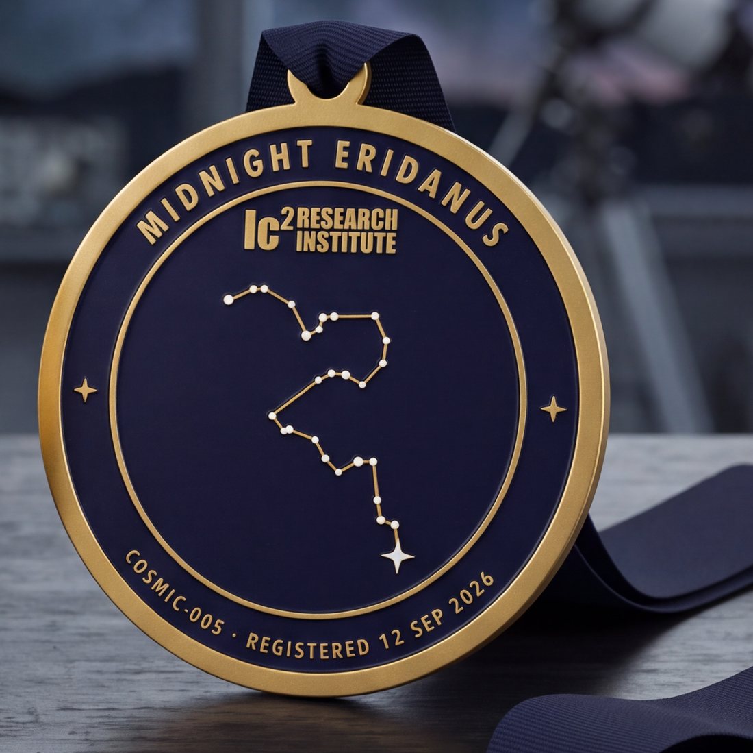 The Midnight Eridanus medal standing on a navy ribbon: the winding Eridanus constellation picked out in gold and white on a deep navy field, inside a gold rim reading COSMIC-005, registered 12 September 2026.