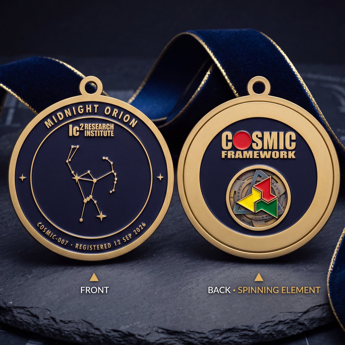 Front and back of the Midnight Orion medal side by side on a velvet ribbon, the front labelled FRONT and the back, carrying the COSMIC Framework mark above the spinner in its bezel, labelled BACK, spinning element.