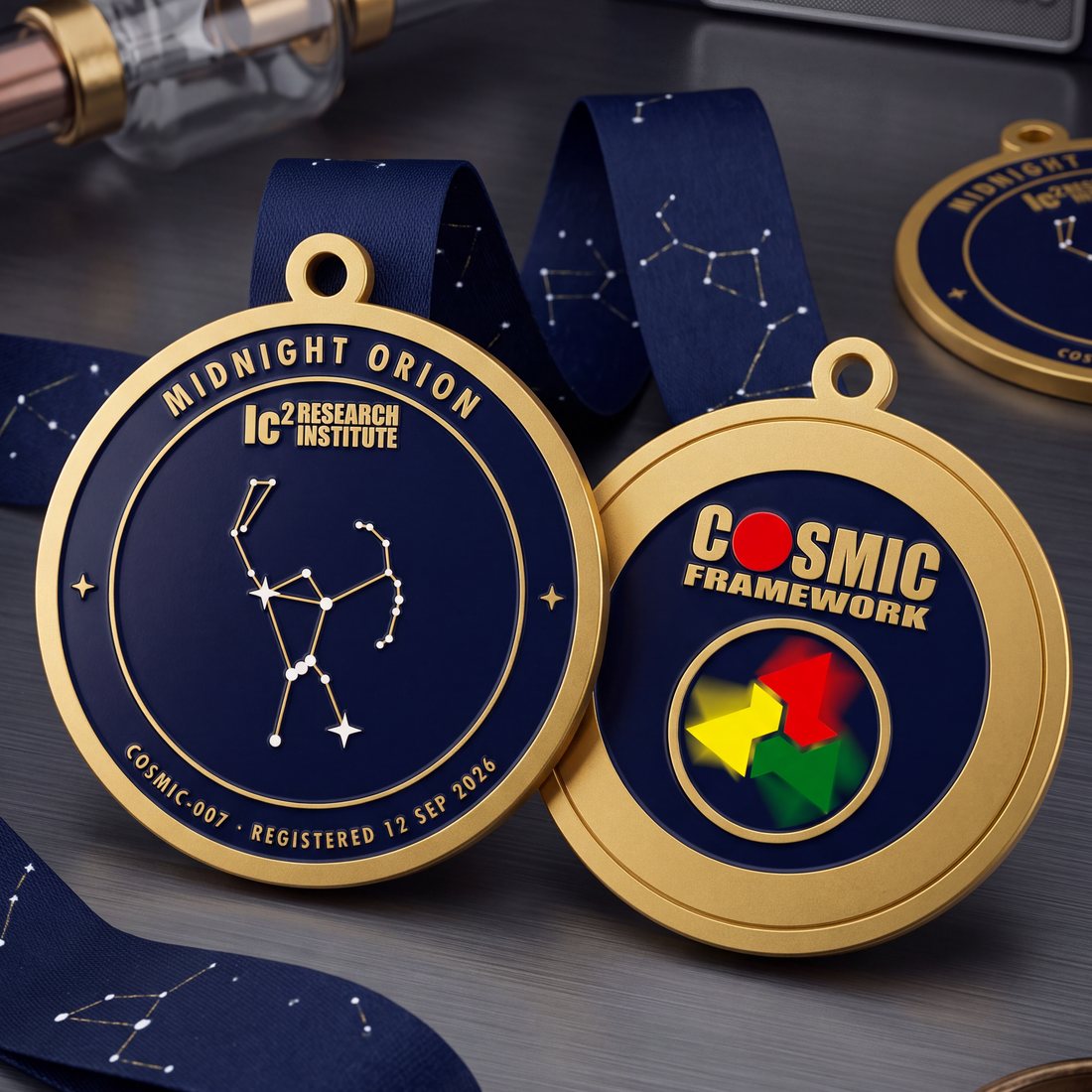 The Midnight Orion medal resting on a ribbon printed with constellations, its front showing the Orion figure in gold on navy inside a rim reading COSMIC-007, registered 12 September 2026, with the back of a second medal beside it.