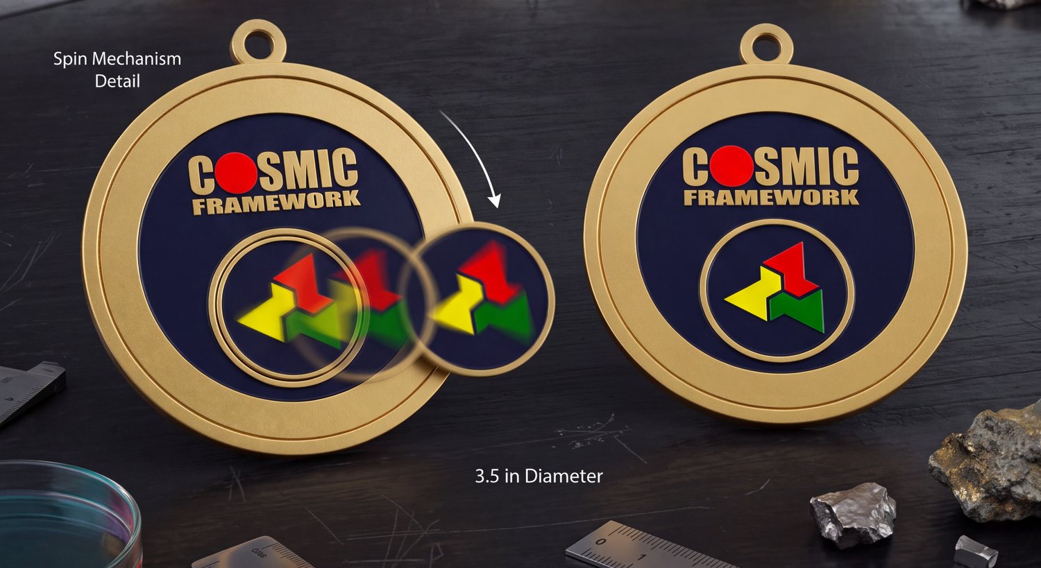 Two views of the back of the medal: on the left the inner disc caught mid-turn and shown blurred, with an arrow indicating its rotation; on the right the same disc at rest, the three coloured arrows upright. A caption reads 3.5 inches in diameter.